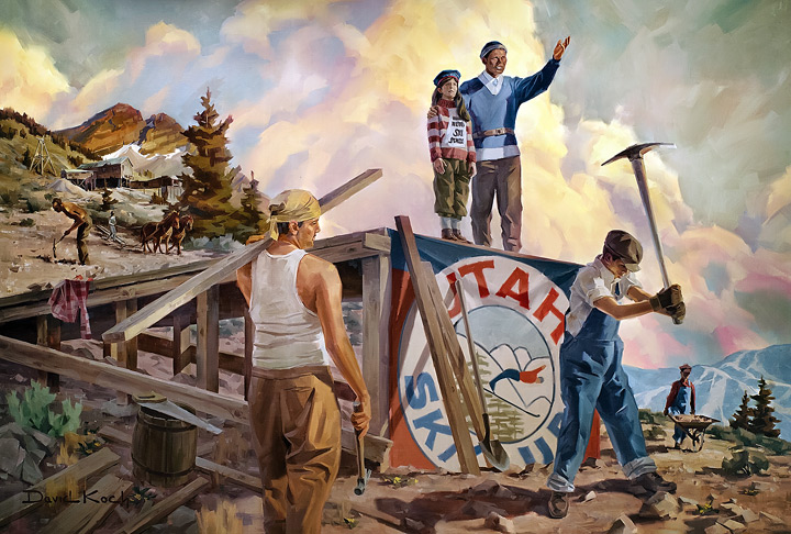 Utah artist David Koch in 2007 painted this mural of the three Engen brothers building a ski jump. The mural hangs in the Utah State Capitol.