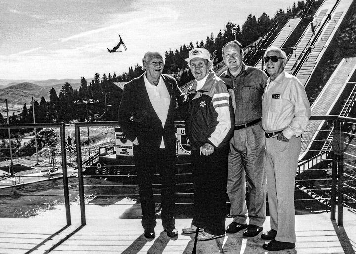 Sverre, Alf, Alan and Corey Engen were all inducted into the Ski Hall of Fame during their lifetimes. Here, they take a tour of the Olympic Sports Park in October 1996. The brothers, Alf, Sverre and Corey, are widely credited with putting Utah on the map with their skiing prowess and contributions to the ski industry. Photo by J. Willard Marriott Library